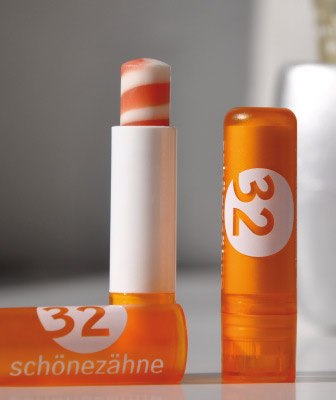 Verpackung für einen Lippenpflegestift für 32 schöne Zähne Dr. Markus Schlee